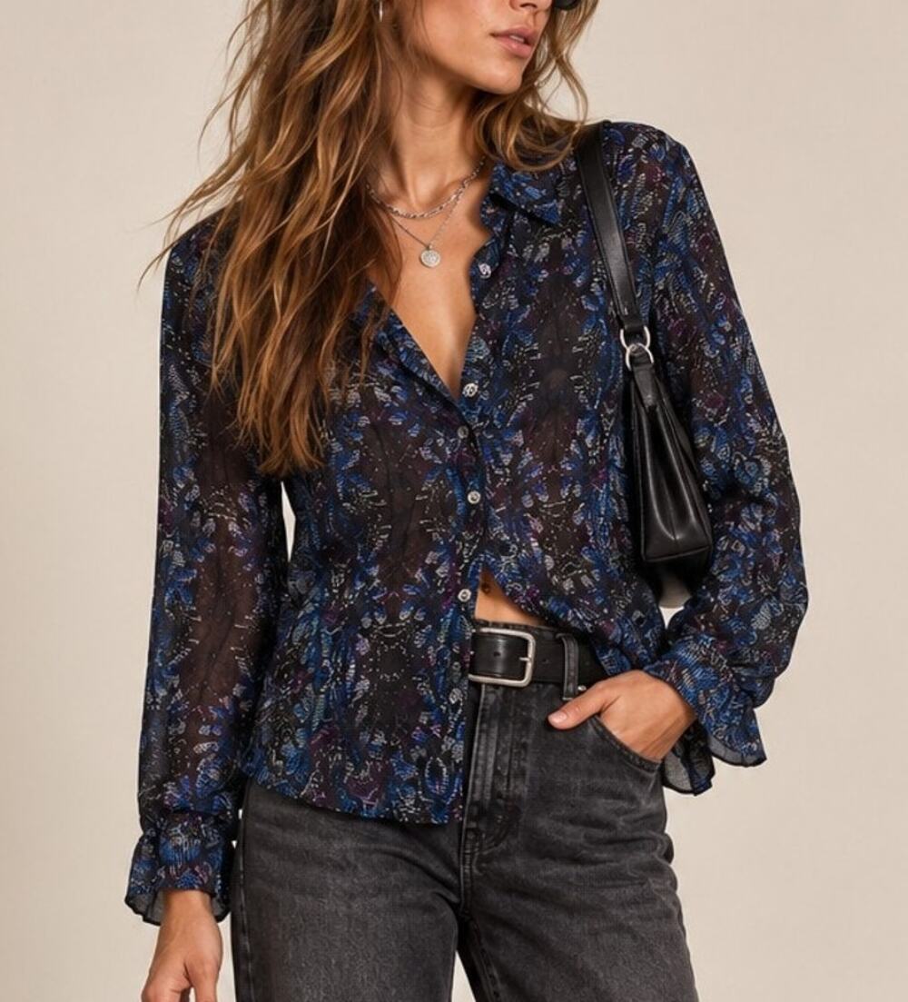 Fifteen Twenty Womens Abstract Button Up Top Size S Blue Y2K Indie Sleaze Artsy